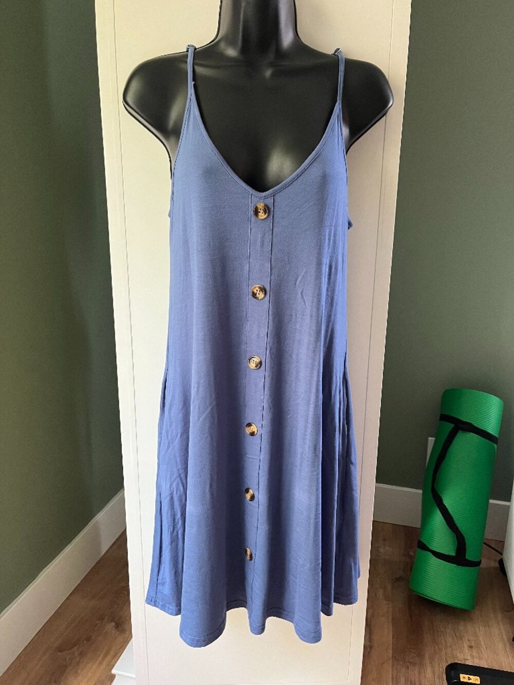 Blue Button-Front Spaghetti-Strap Swing Dress with Pockets